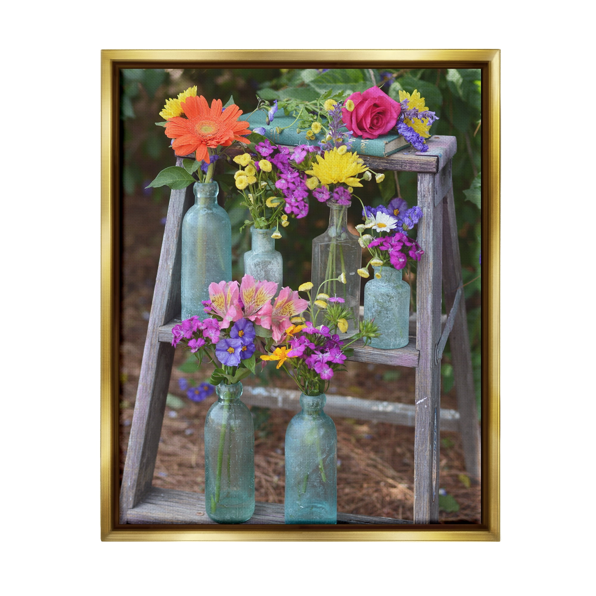 Stupell Industries Country Flower Jars Botanical & Floral Photography Gold Floater Framed Canvas Art Print Wall Art, 25 x 31