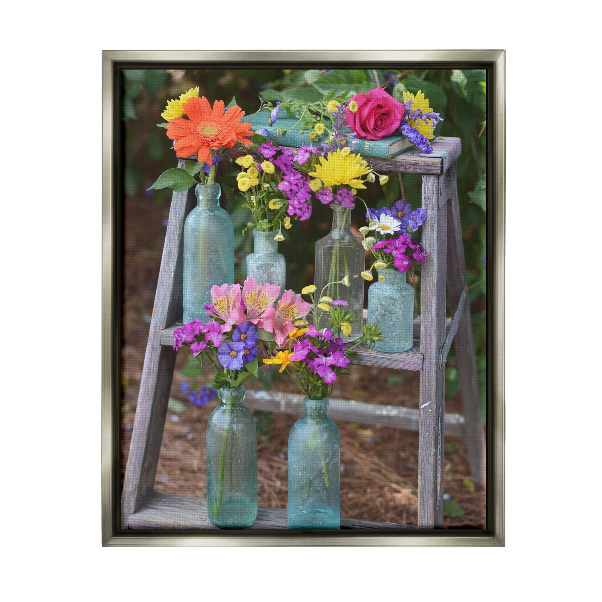 Stupell Industries Country Flower Jars Botanical & Floral Photography Gray Floater Framed Canvas Art Print Wall Art, 17 x 21