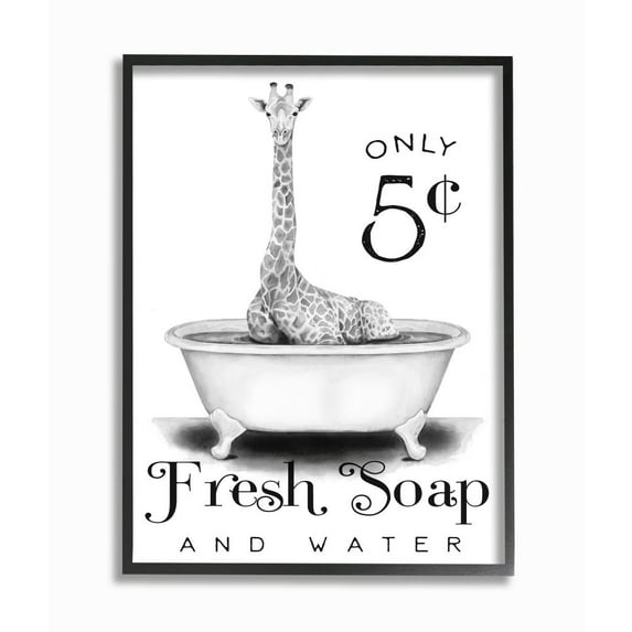 Stupell Industries Country Fresh Soap And Water Sign Giraffe Bath Sketch Framed Wall Art Design by Rachel Nieman, 11" x 14", Black Framed