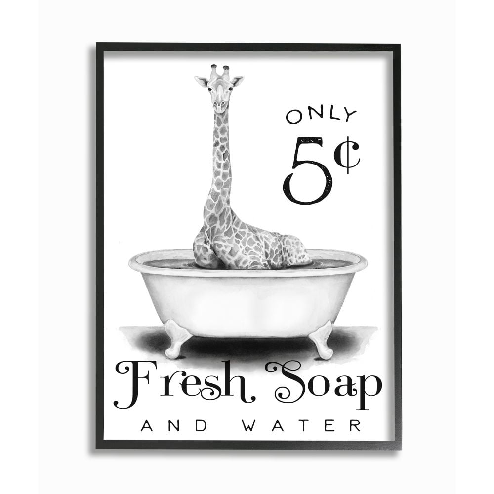 Stupell Industries Country Fresh Soap And Water Sign Giraffe Bath Sketch Framed Wall Art Design by Rachel Nieman, 16" x 20", Black Framed