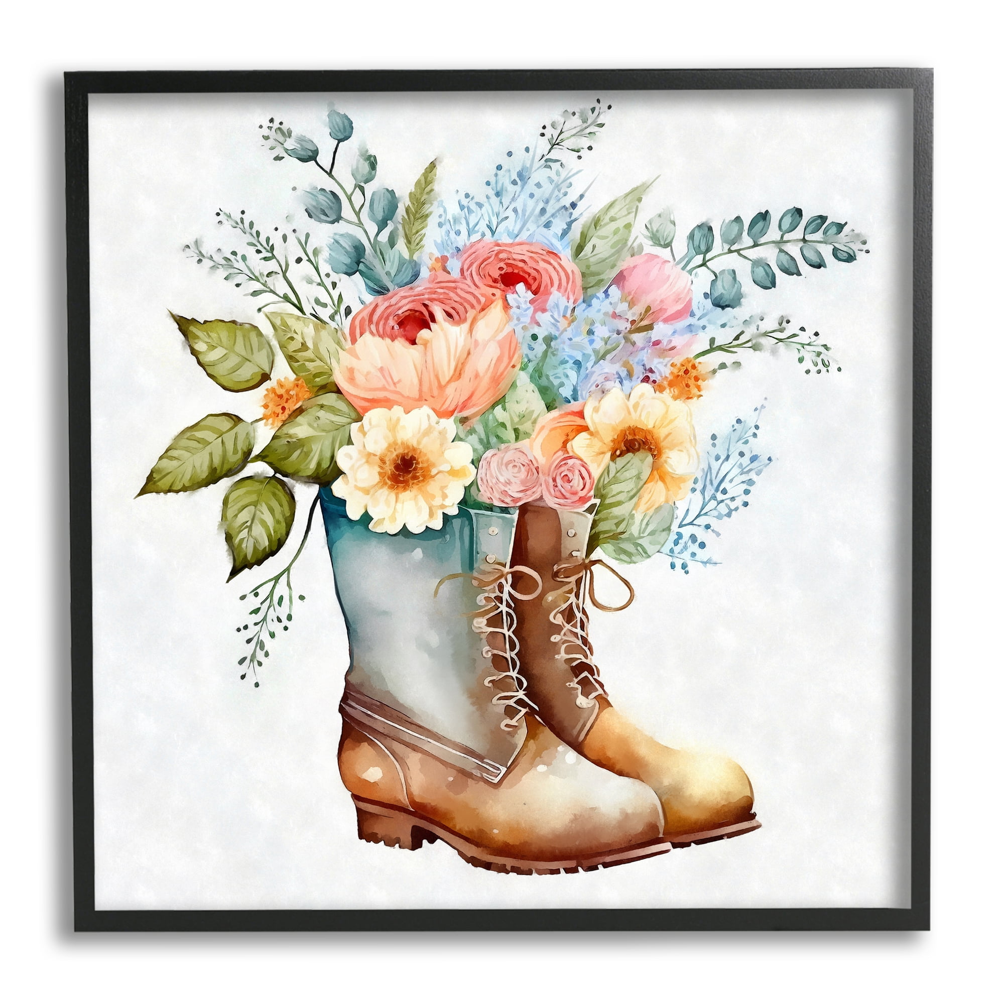 Stupell Industries Country Garden Boots Bouquet Botanical & Floral Painting Black Framed Art Print Wall Art
