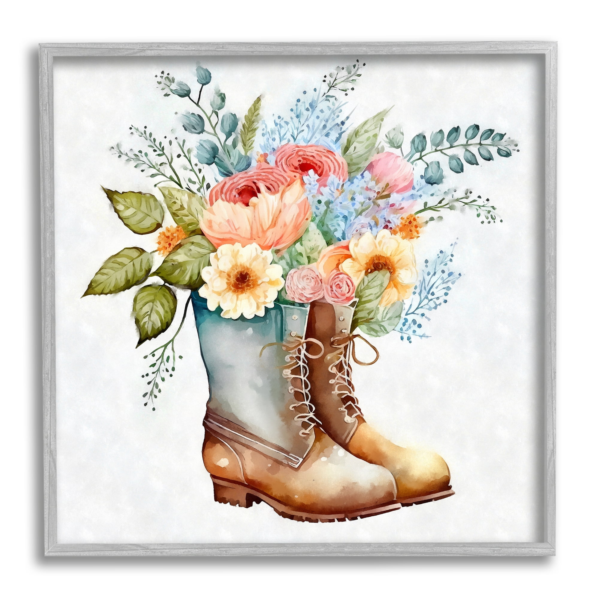 Stupell Industries Country Garden Boots Bouquet Botanical & Floral Painting Gray Framed Art Print Wall Art