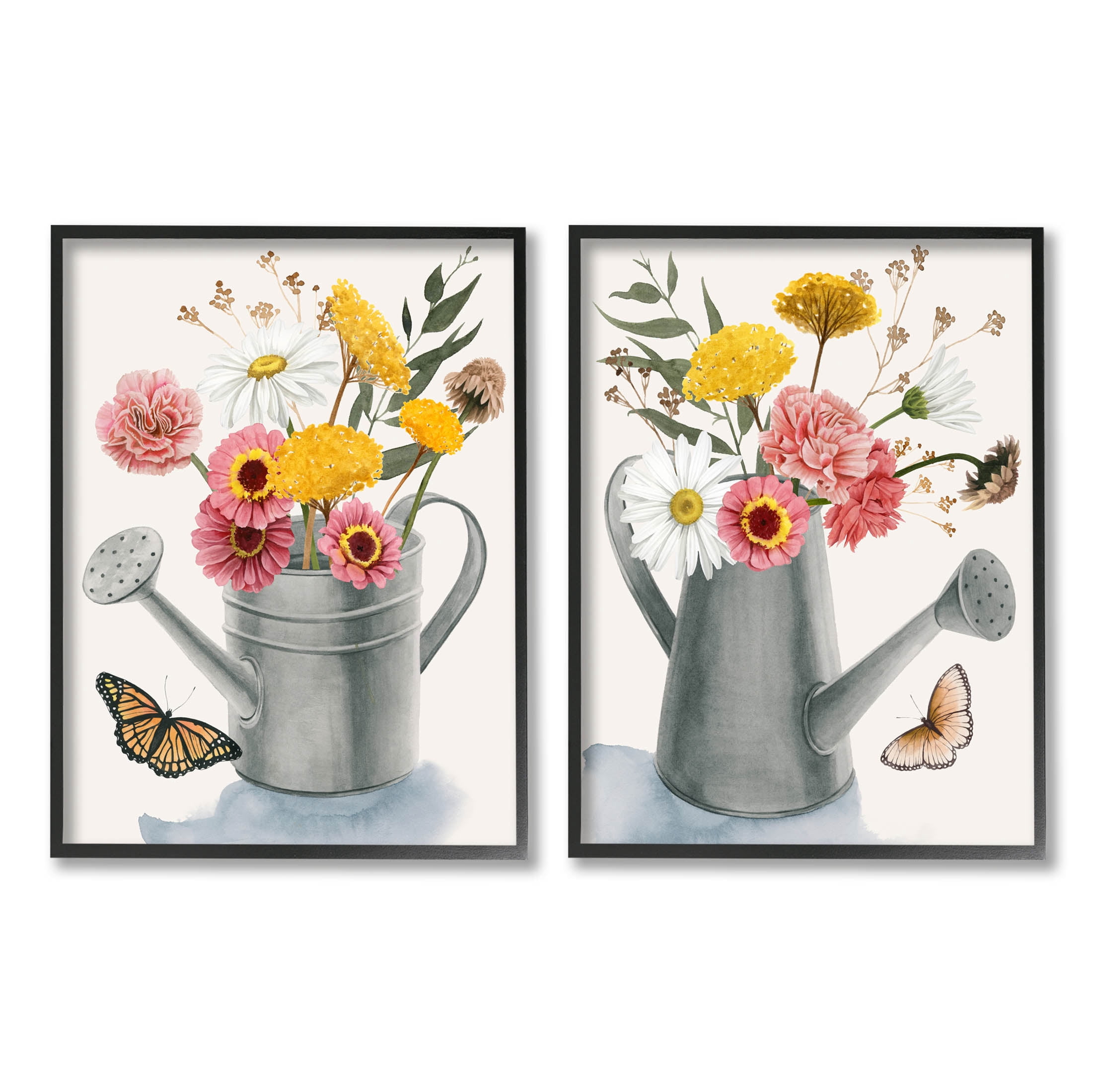Stupell Industries Country Garden Botanical Watering Cans Graphic Art Black Framed Art Print Wall Art, Set of 2, Design by Grace Popp
