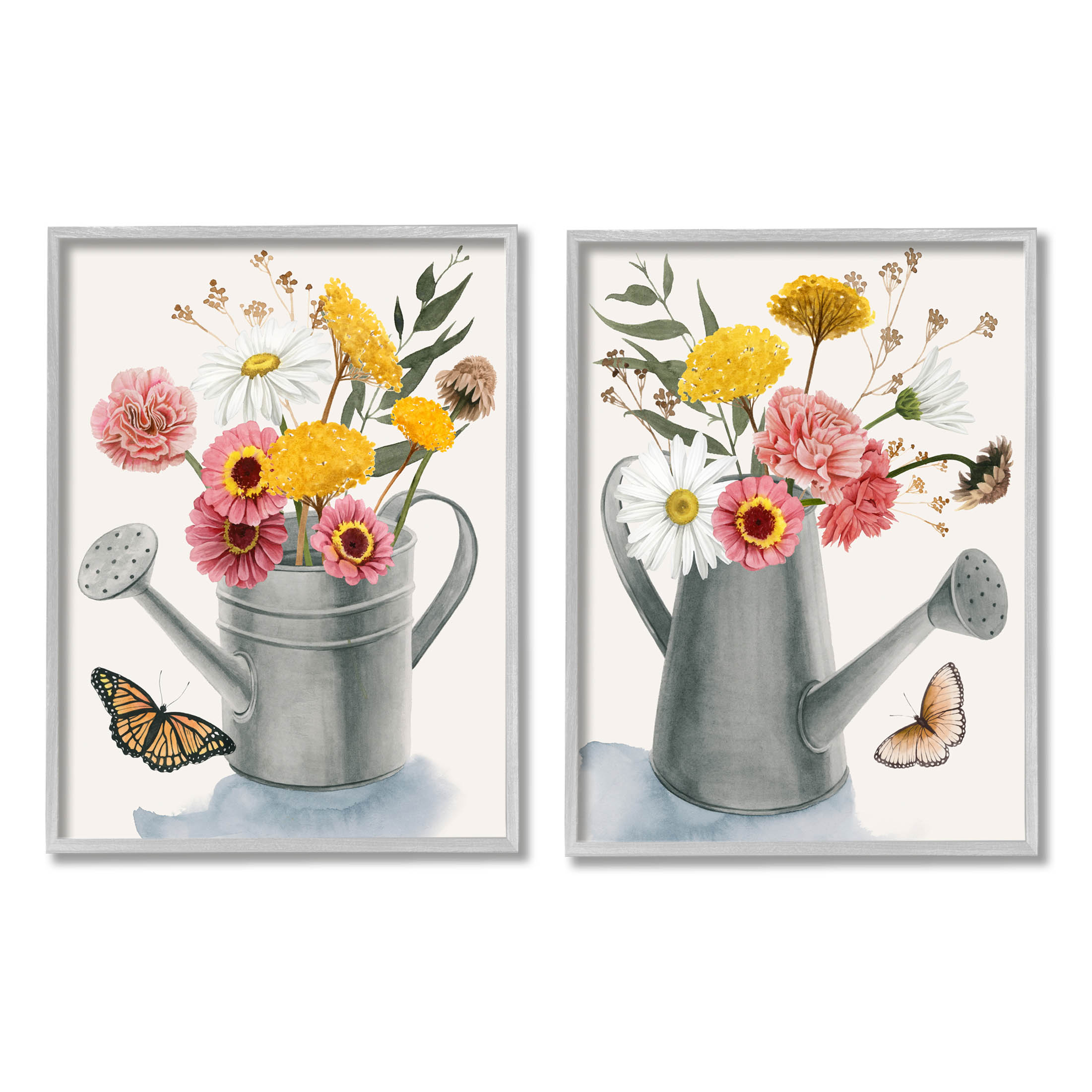 Stupell Industries Country Garden Botanical Watering Cans Graphic Art Gray Framed Art Print Wall Art, Set of 2, Design by Grace Popp