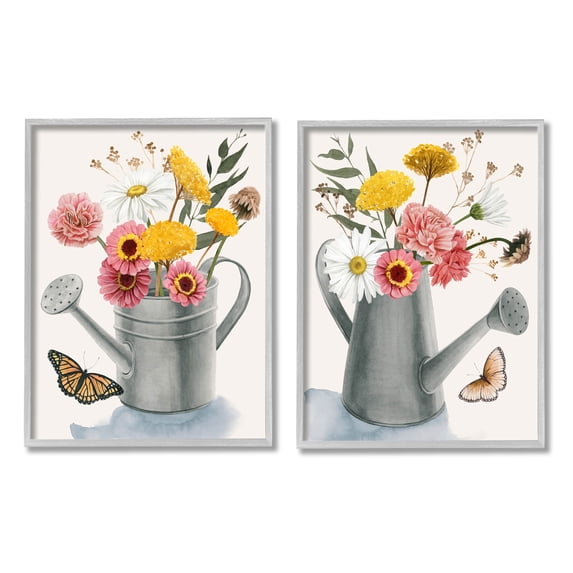 Stupell Industries Country Garden Botanical Watering Cans Graphic Art Gray Framed Art Print Wall Art, Set of 2, Design by Grace Popp