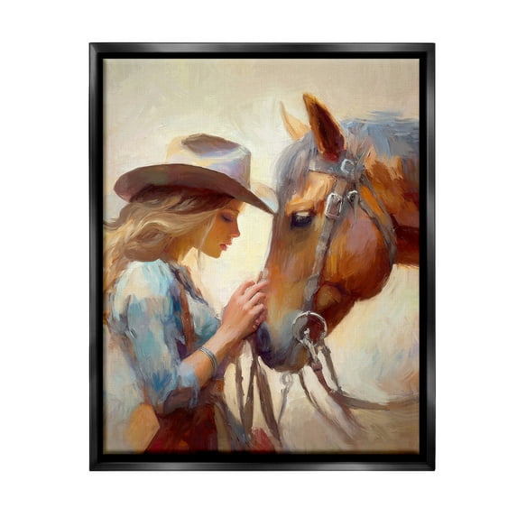 Stupell Industries Country Girl & Horse Animals & Insects Painting Black Floater Framed Canvas Art Print Wall Art, 17 x 21