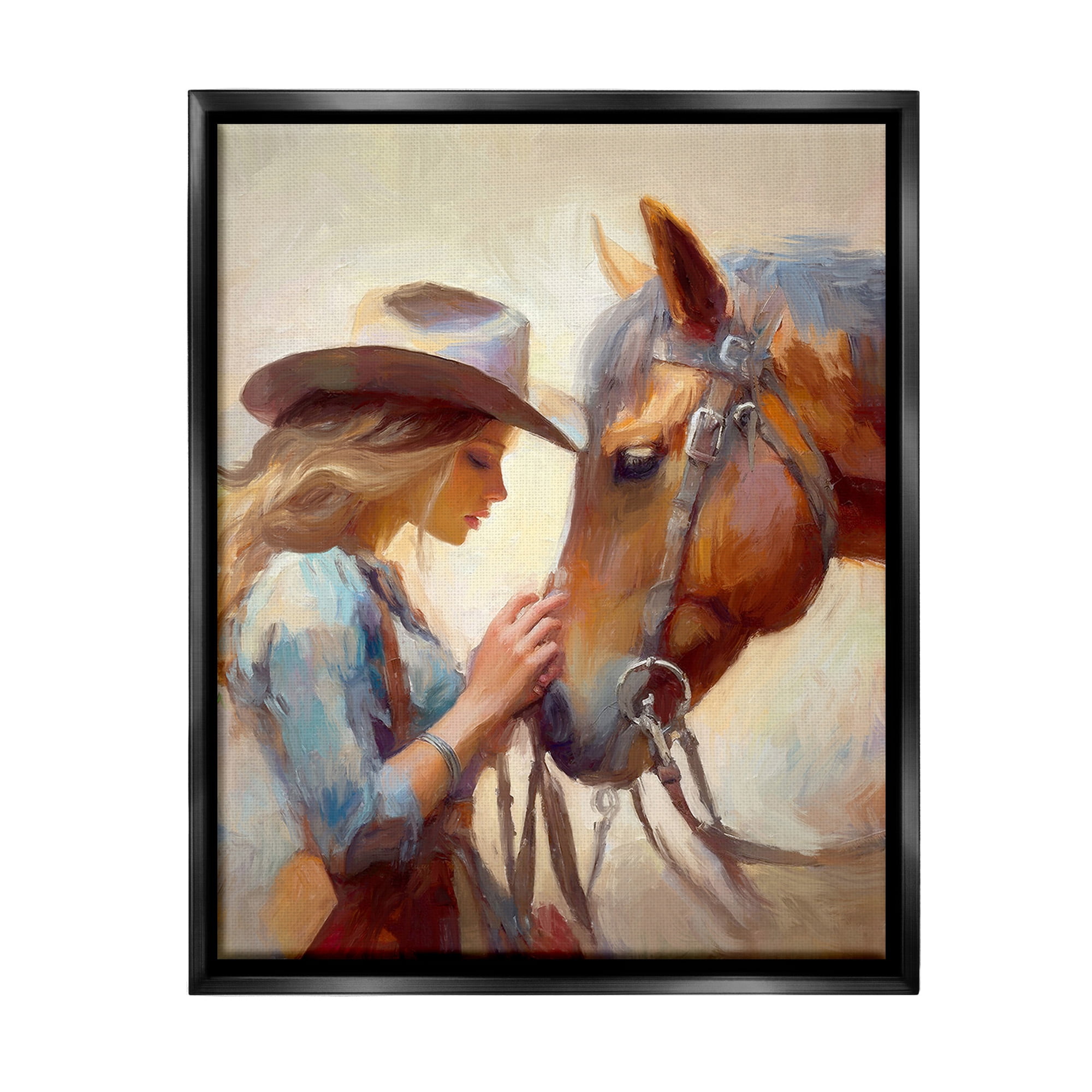 Stupell Industries Country Girl & Horse Animals & Insects Painting Black Floater Framed Canvas Art Print Wall Art, 25 x 31