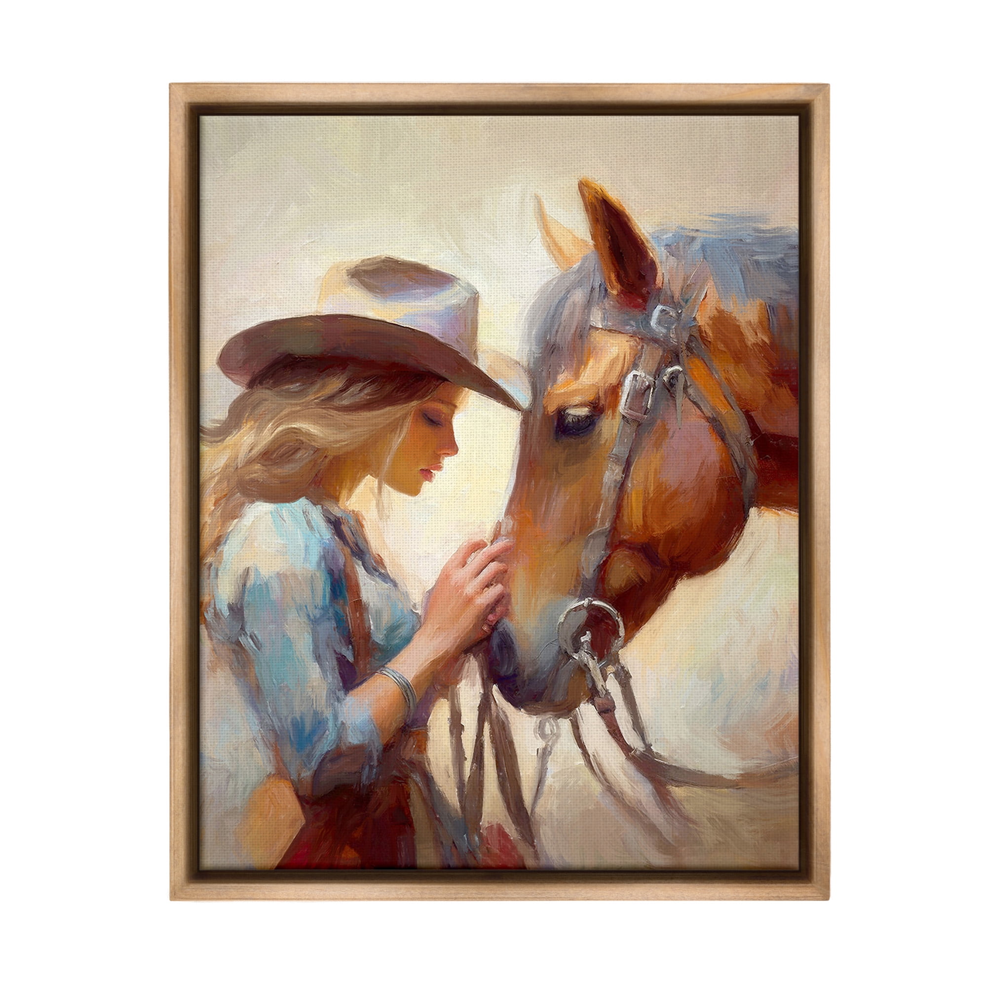 Stupell Industries Country Girl & Horse Animals & Insects Painting Brown Floater Framed Canvas Art Print Wall Art, 25 x 31