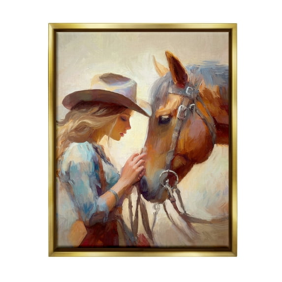 Stupell Industries Country Girl & Horse Animals & Insects Painting Gold Floater Framed Canvas Art Print Wall Art, 25 x 31