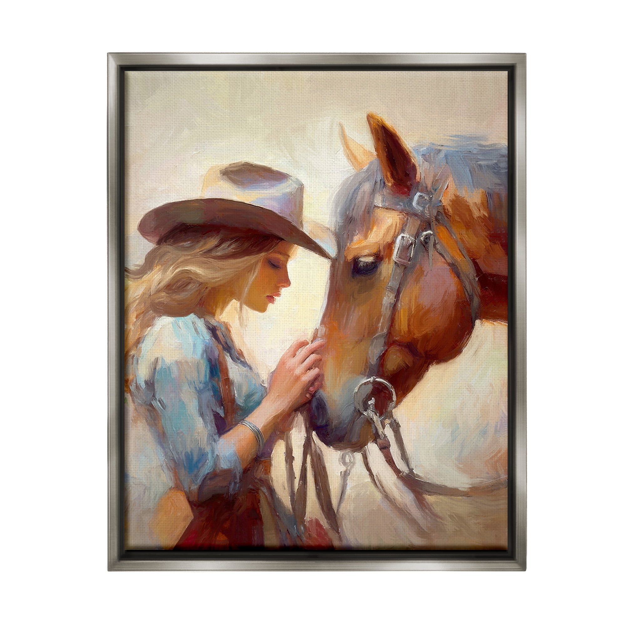 Stupell Industries Country Girl & Horse Animals & Insects Painting Gray Floater Framed Canvas Art Print Wall Art, 17 x 21