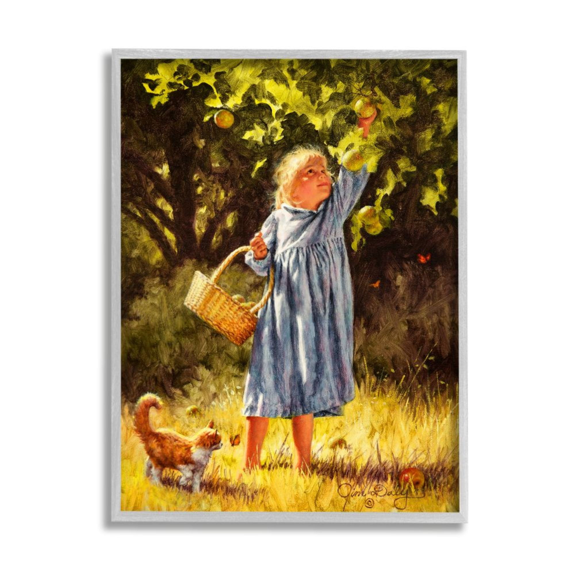Stupell Industries Country Girl Reaching for Apple with Cat Design by Jim Daly, 11" x 14", Gray Framed