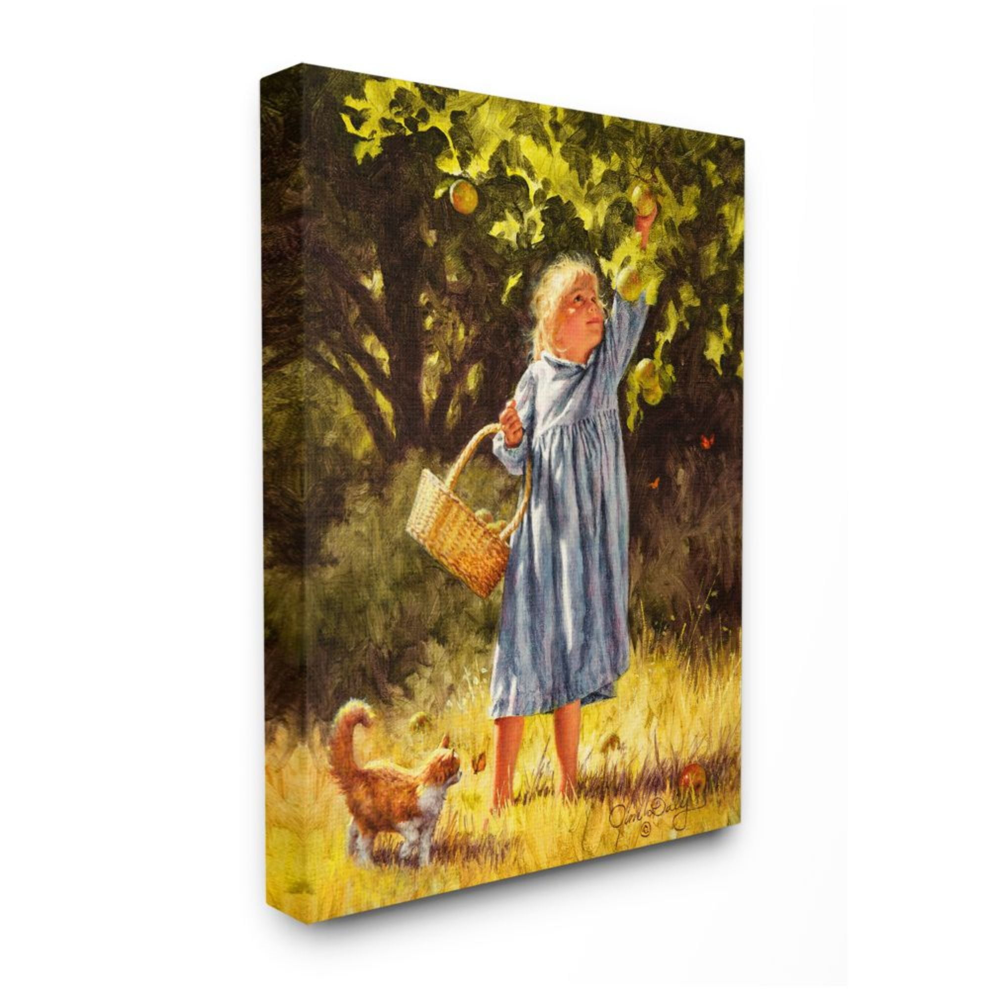 Stupell Industries Country Girl Reaching for Apple with Cat Design by Jim Daly, 30" x 40"