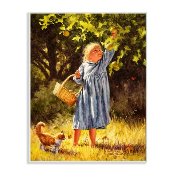 Stupell Industries Country Girl Reaching for Apple with Cat Design by Jim Daly
