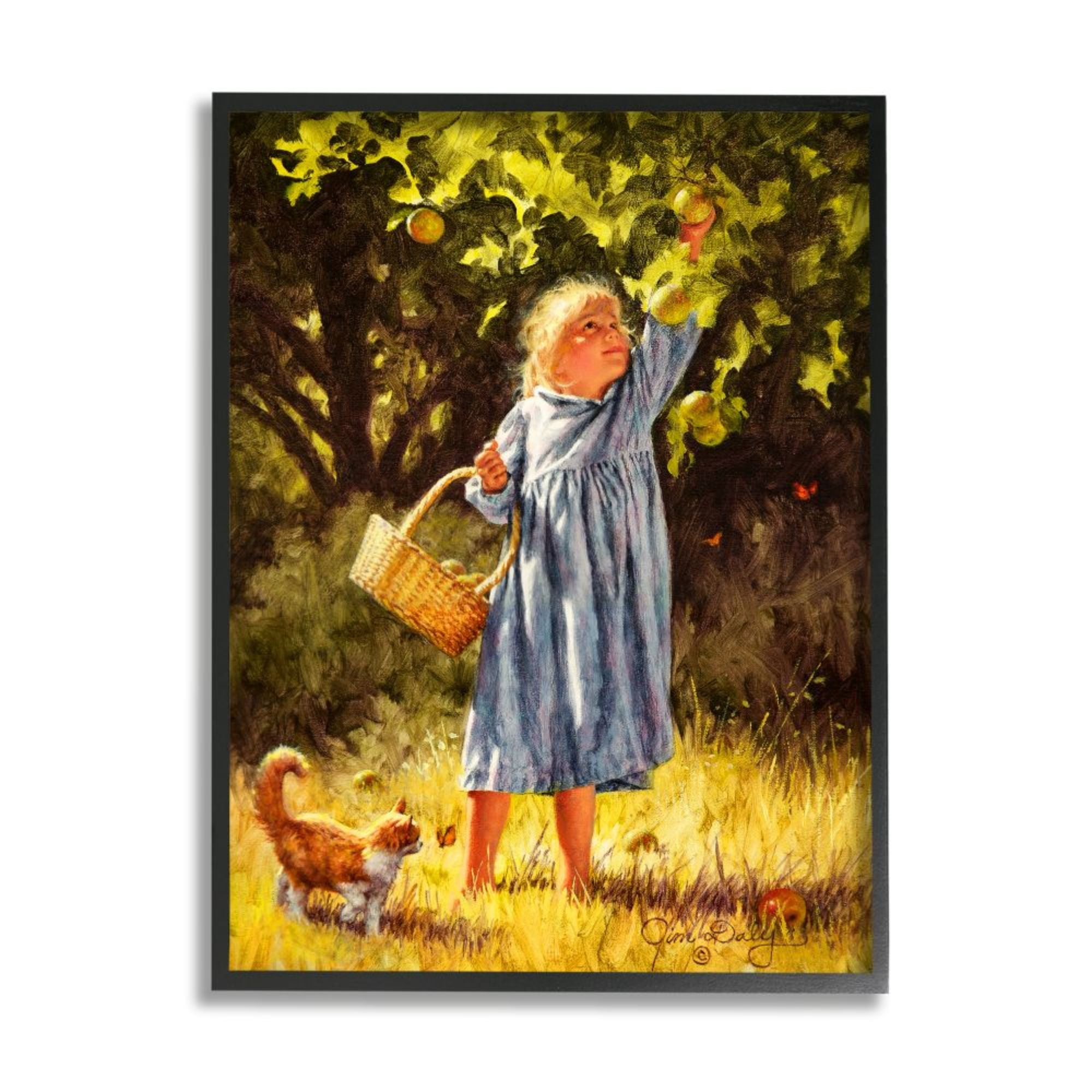 Stupell Industries Country Girl Reaching for Apple with Cat Design by Jim Daly