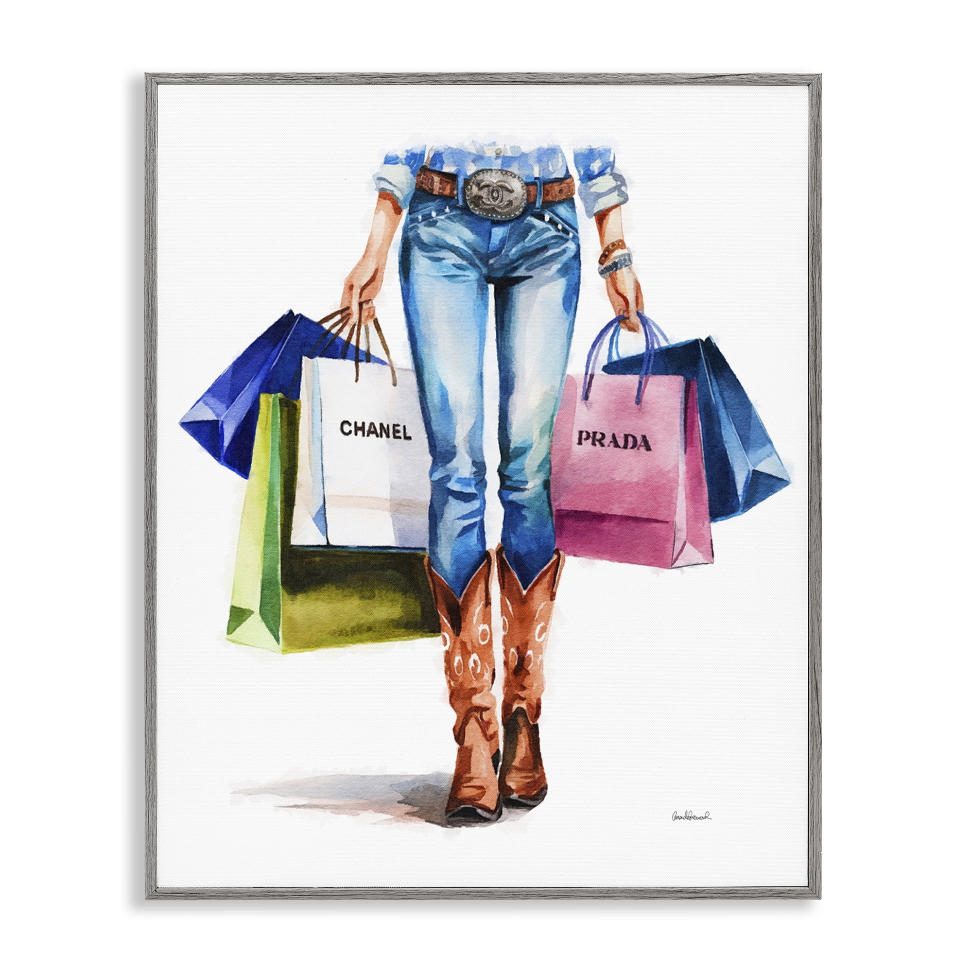 Stupell Industries Country Girl Shopping Bags People Painting Gray Framed Art Print Wall Art, 11 x 14
