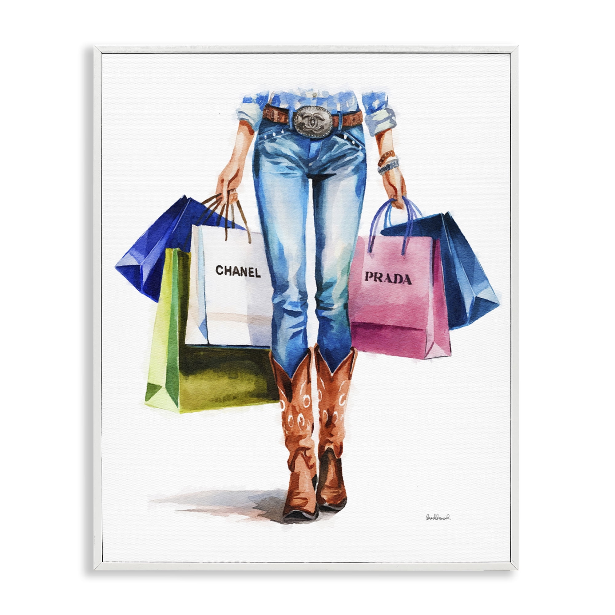 Stupell Industries Country Girl Shopping Bags People Painting White Framed Art Print Wall Art, 16 x 20