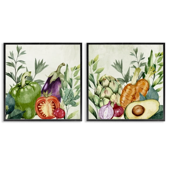 Stupell Industries Country Harvest Vegetables Food & Beverage Painting Black Framed Art Print Wall Art, 12 x 12, Set of 2