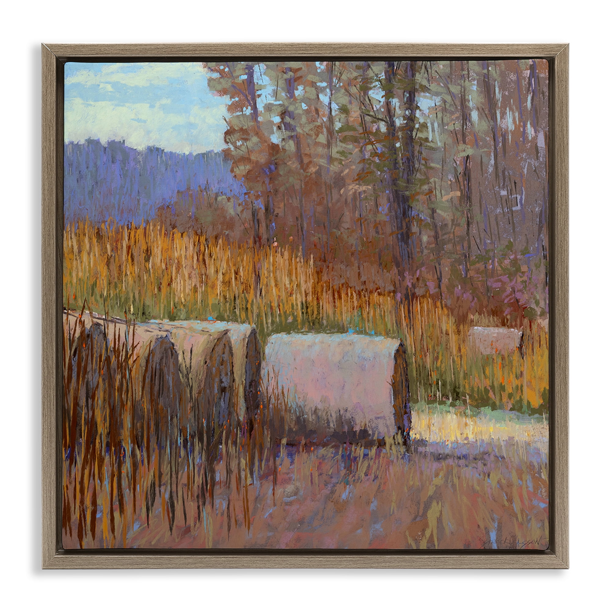 Stupell Industries Country Hay Bales Landscape Painting Brown Floater Framed Canvas Art Print Wall Art, 18 x 18
