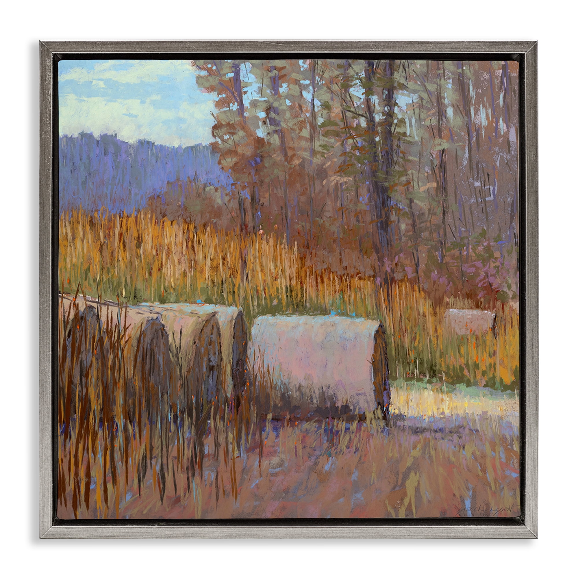 Stupell Industries Country Hay Bales Landscape Painting Gray Floater Framed Canvas Art Print Wall Art, 18 x 18