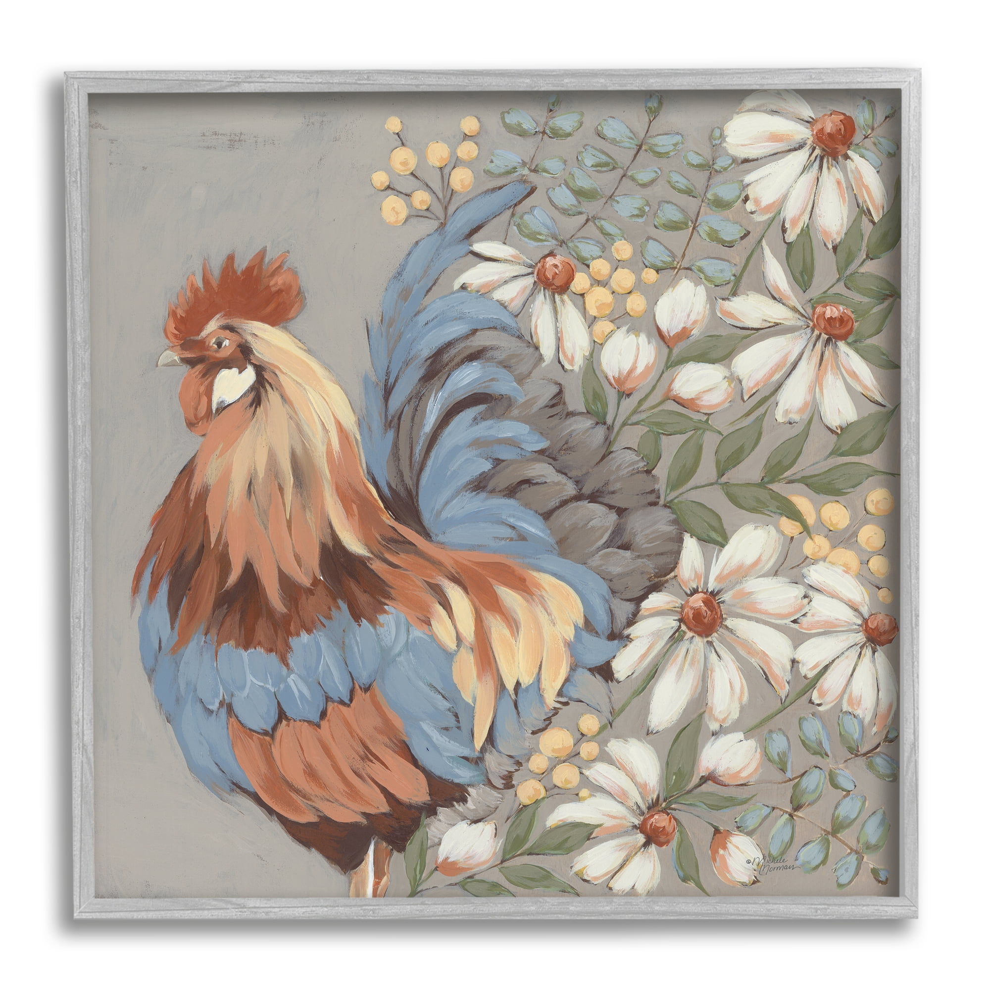 Stupell Industries Country Hen & Daisies Animals & Insects Painting Gray Framed Art Print Wall Art, 12 x 12