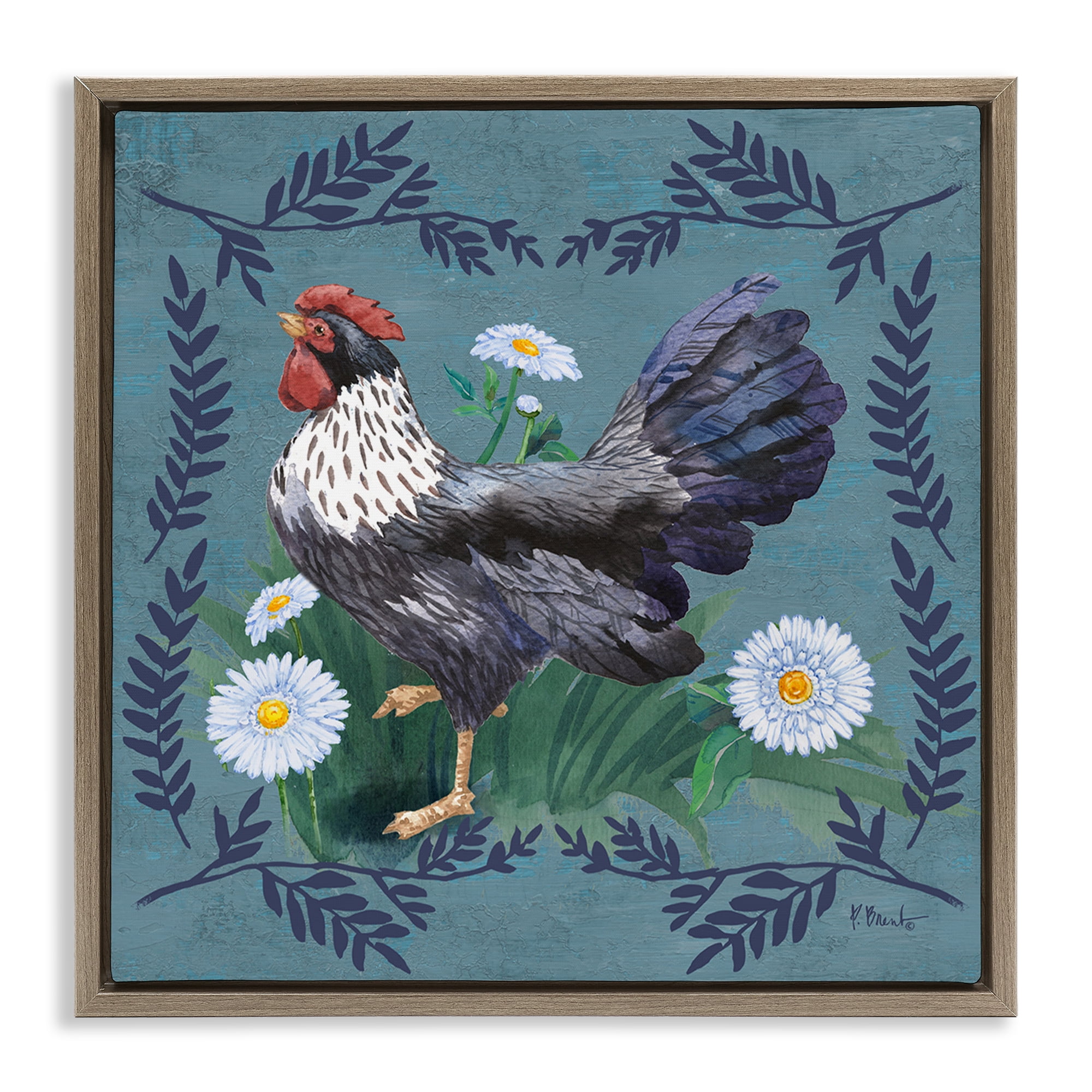 Stupell Industries Country Hen & Ferns Animals & Insects Painting Brown Floater Framed Canvas Art Print Wall Art, 18 x 18