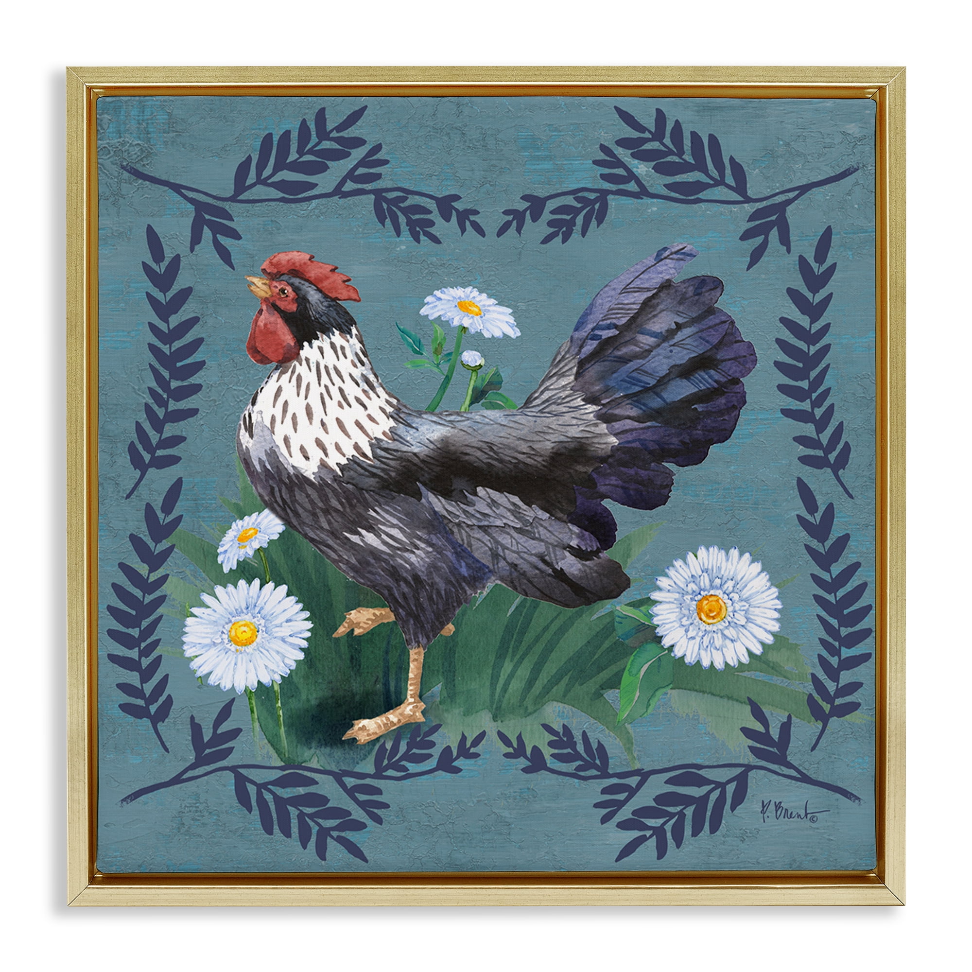 Stupell Industries Country Hen & Ferns Animals & Insects Painting Gold Floater Framed Canvas Art Print Wall Art, 25 x 25