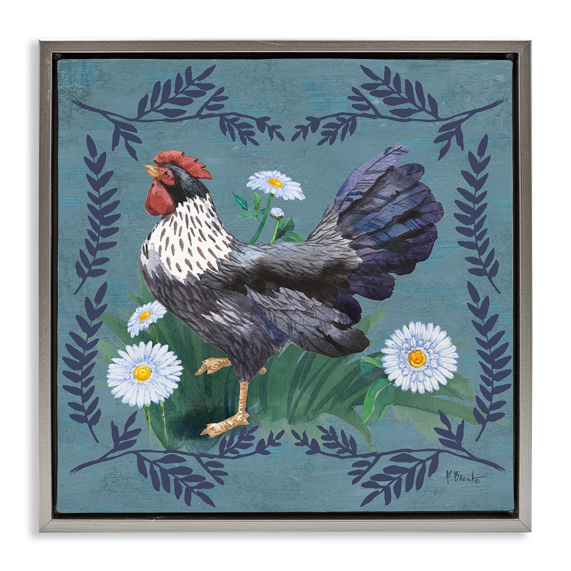 Stupell Industries Country Hen & Ferns Animals & Insects Painting Gray Floater Framed Canvas Art Print Wall Art, 25 x 25