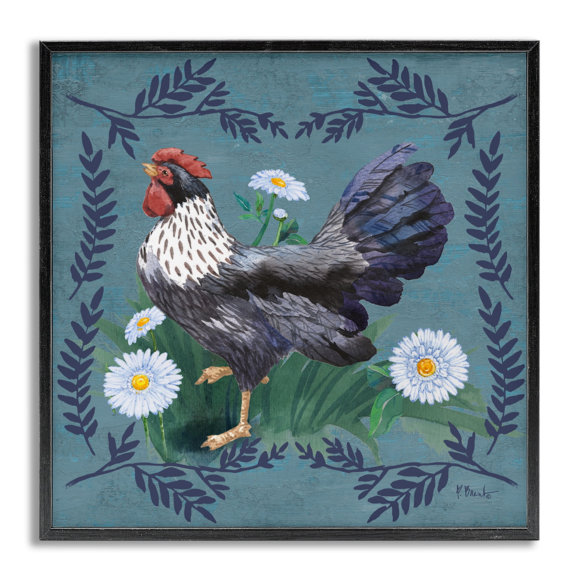 Stupell Industries Country Hen & Ferns Animals & Insects Painting Gray Framed Art Print Wall Art, 12 x 12