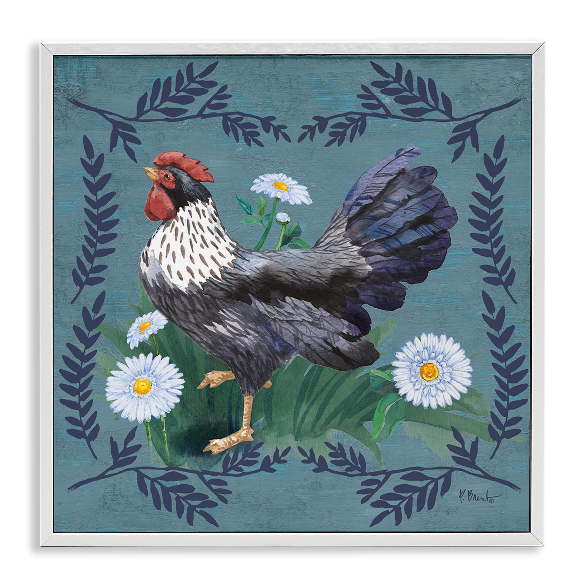 Stupell Industries Country Hen & Ferns Animals & Insects Painting White Framed Art Print Wall Art, 17 x 17