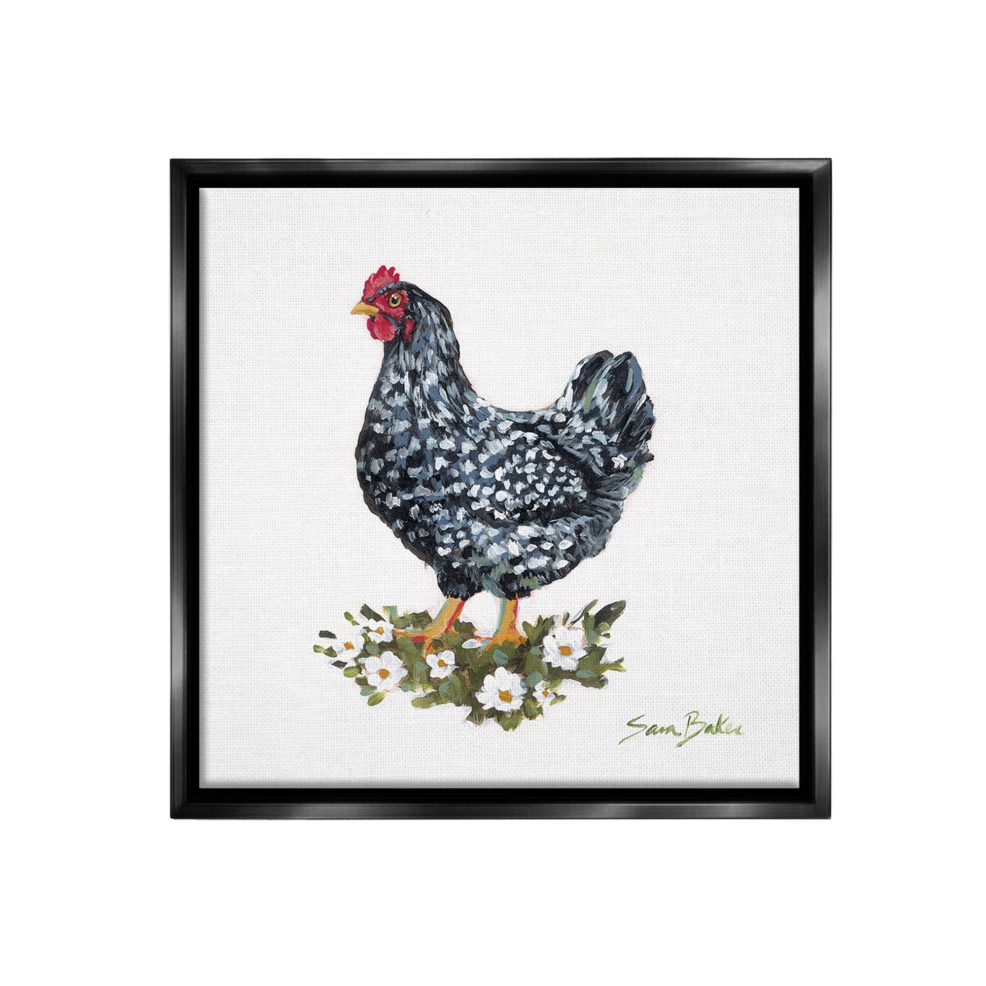 Stupell Industries Country Hen with Daisies Animals & Insects Painting Black Floater Framed Canvas Art Print Wall Art, 18 x 18