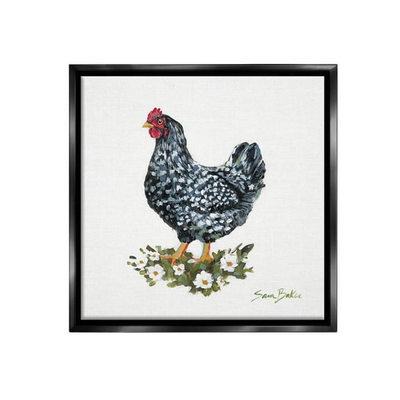 Stupell Industries Country Hen with Daisies Animals & Insects Painting Black Floater Framed Canvas Art Print Wall Art, 18 x 18