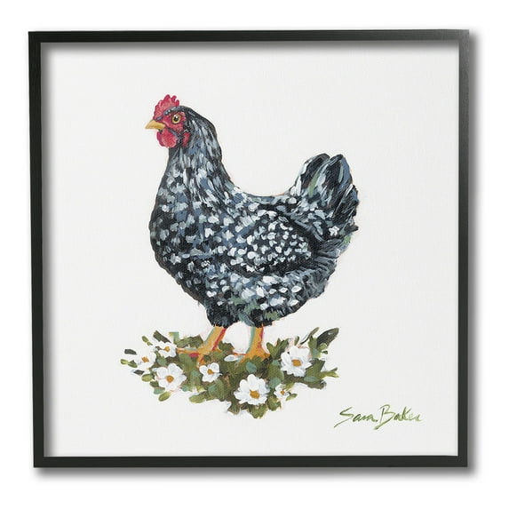 Stupell Industries Country Hen with Daisies Animals & Insects Painting Black Framed Art Print Wall Art, 12 x 12