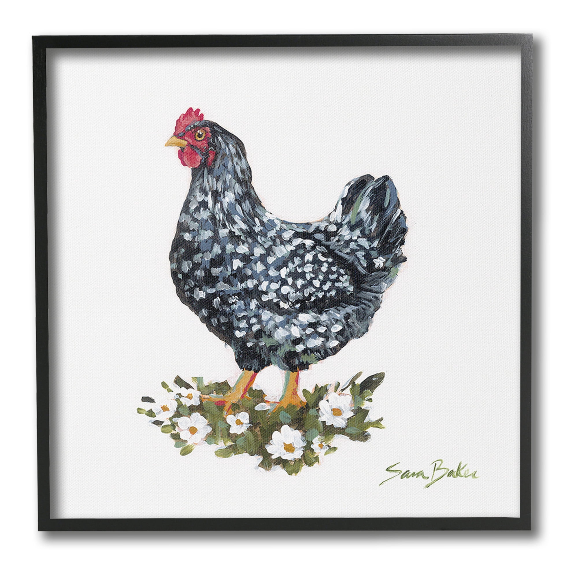 Stupell Industries Country Hen with Daisies Animals & Insects Painting Black Framed Art Print Wall Art, 17 x 17