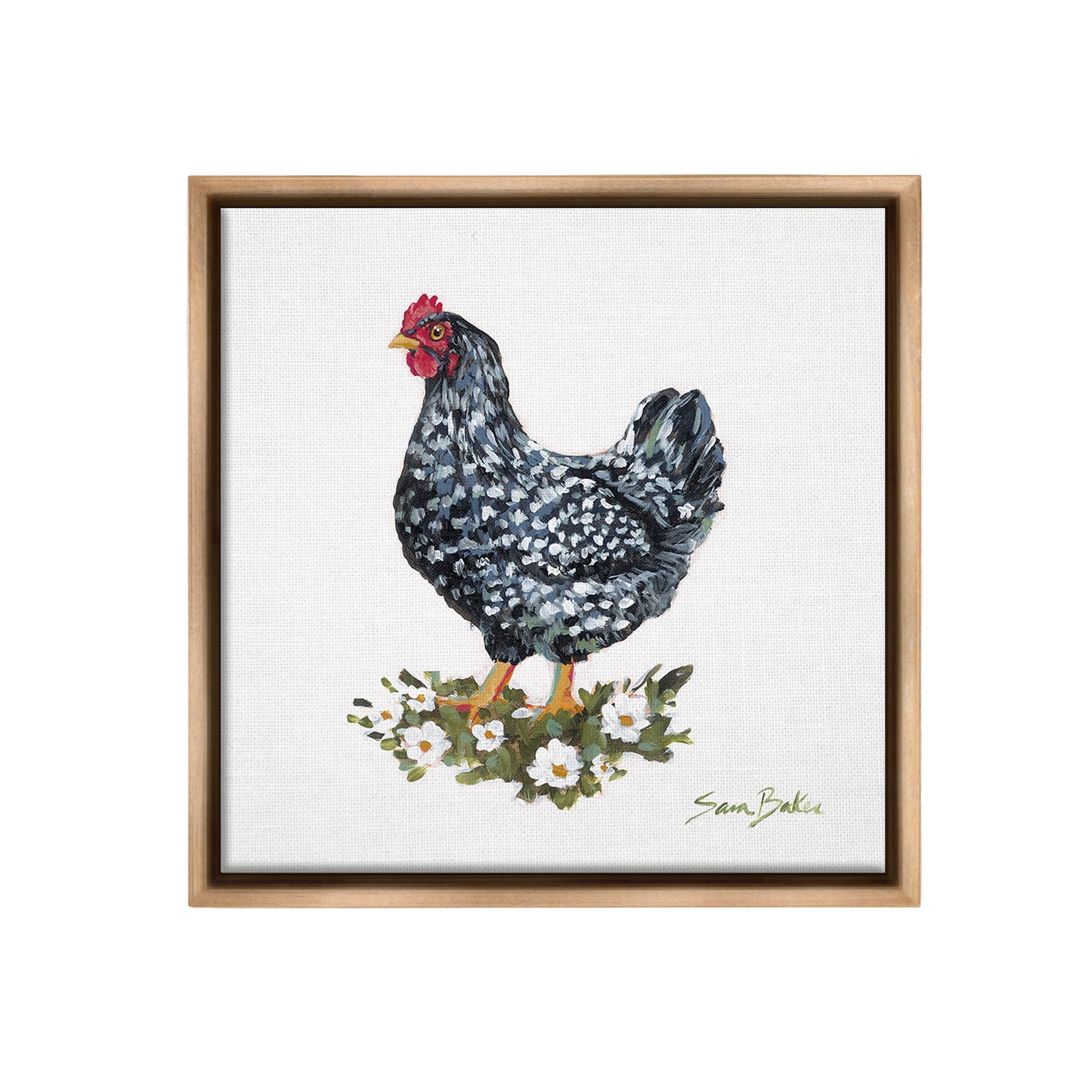 Stupell Industries Country Hen with Daisies Animals & Insects Painting Brown Floater Framed Canvas Art Print Wall Art, 18 x 18