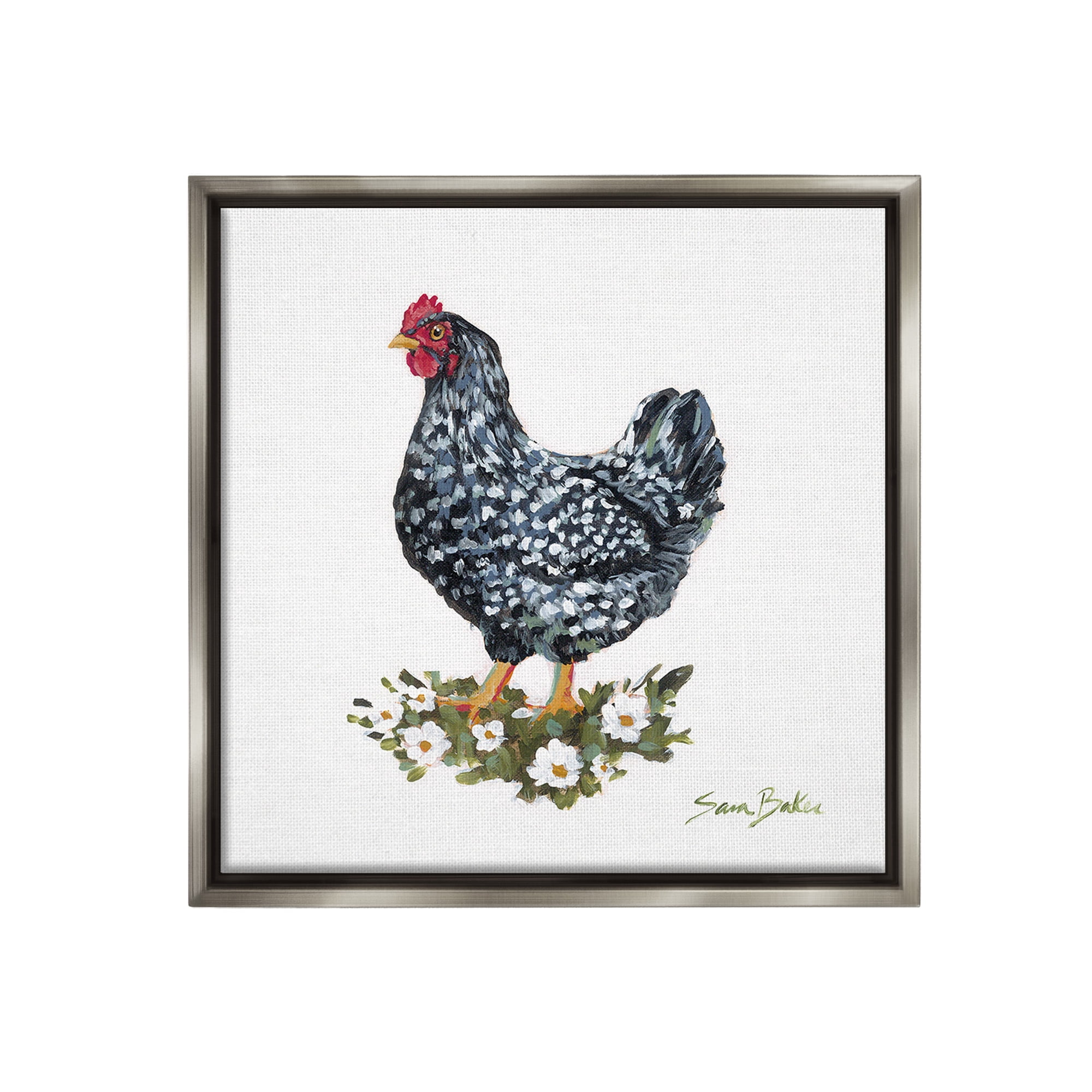 Stupell Industries Country Hen with Daisies Animals & Insects Painting Gray Floater Framed Canvas Art Print Wall Art, 25 x 25