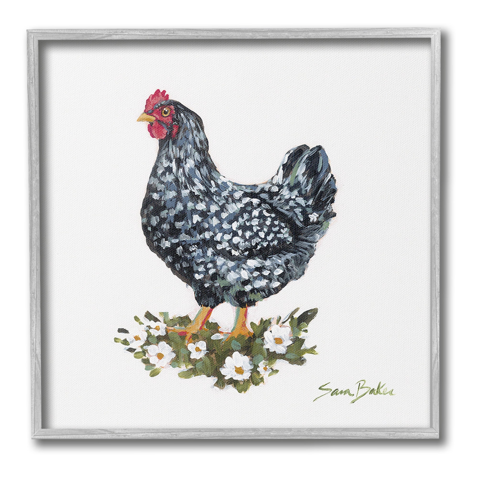 Stupell Industries Country Hen with Daisies Animals & Insects Painting Gray Framed Art Print Wall Art, 24 x 24