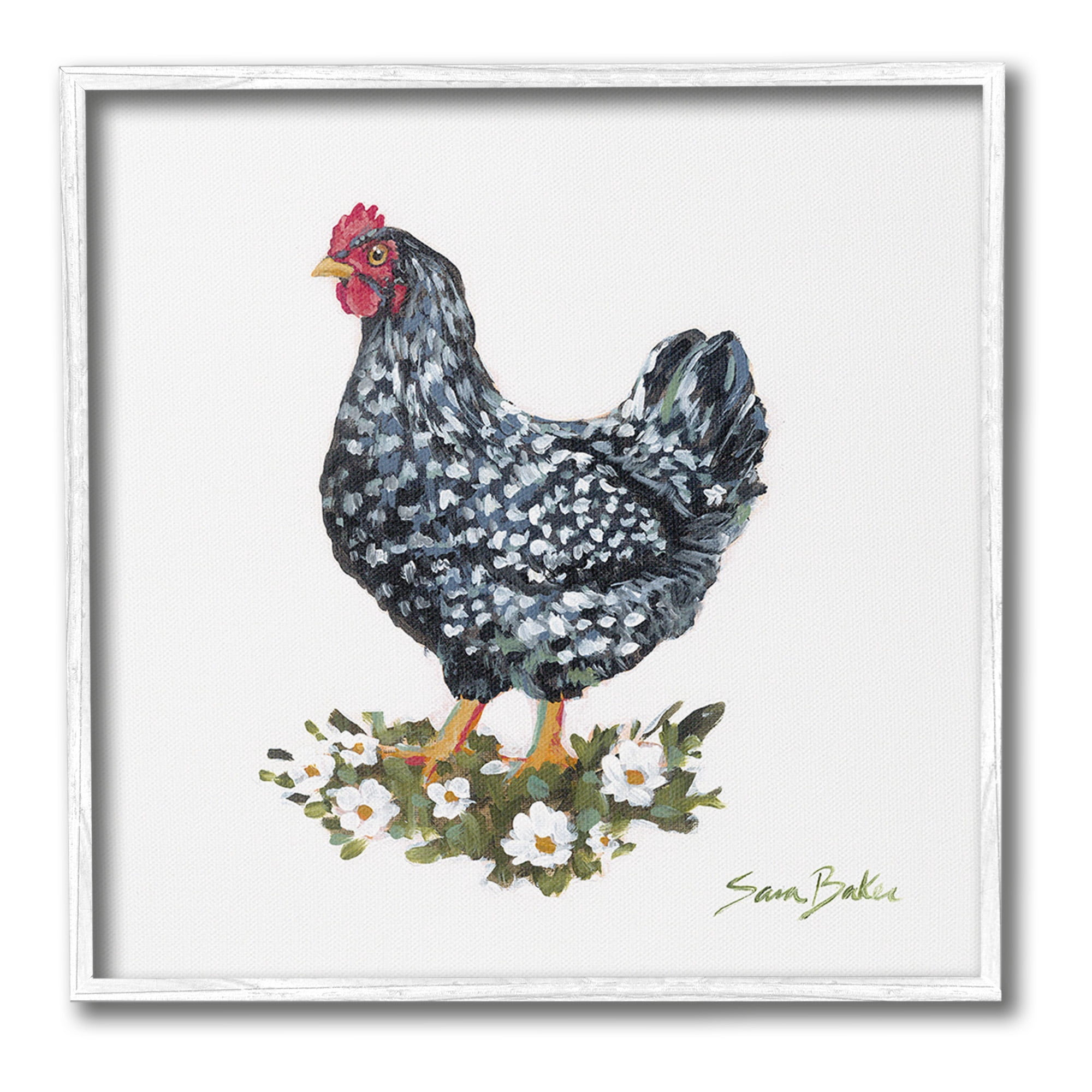 Stupell Industries Country Hen with Daisies Animals & Insects Painting White Framed Art Print Wall Art, 12 x 12