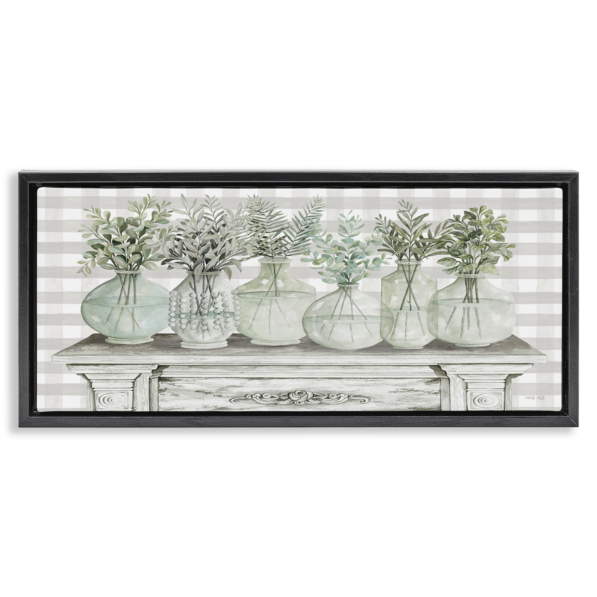 Stupell Industries Country Herb Jars on Gingham Botanical & Floral Painting Black Floater Framed Canvas Art Print Wall Art, 25 x 11