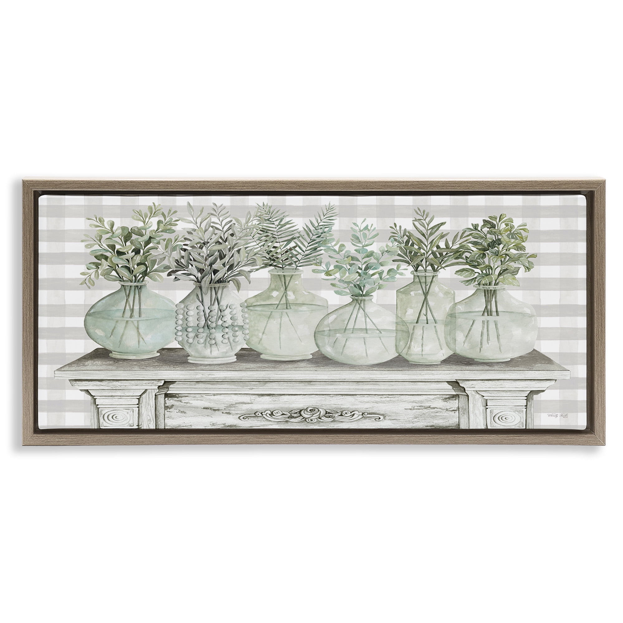 Stupell Industries Country Herb Jars on Gingham Botanical & Floral Painting Brown Floater Framed Canvas Art Print Wall Art, 31 x 14