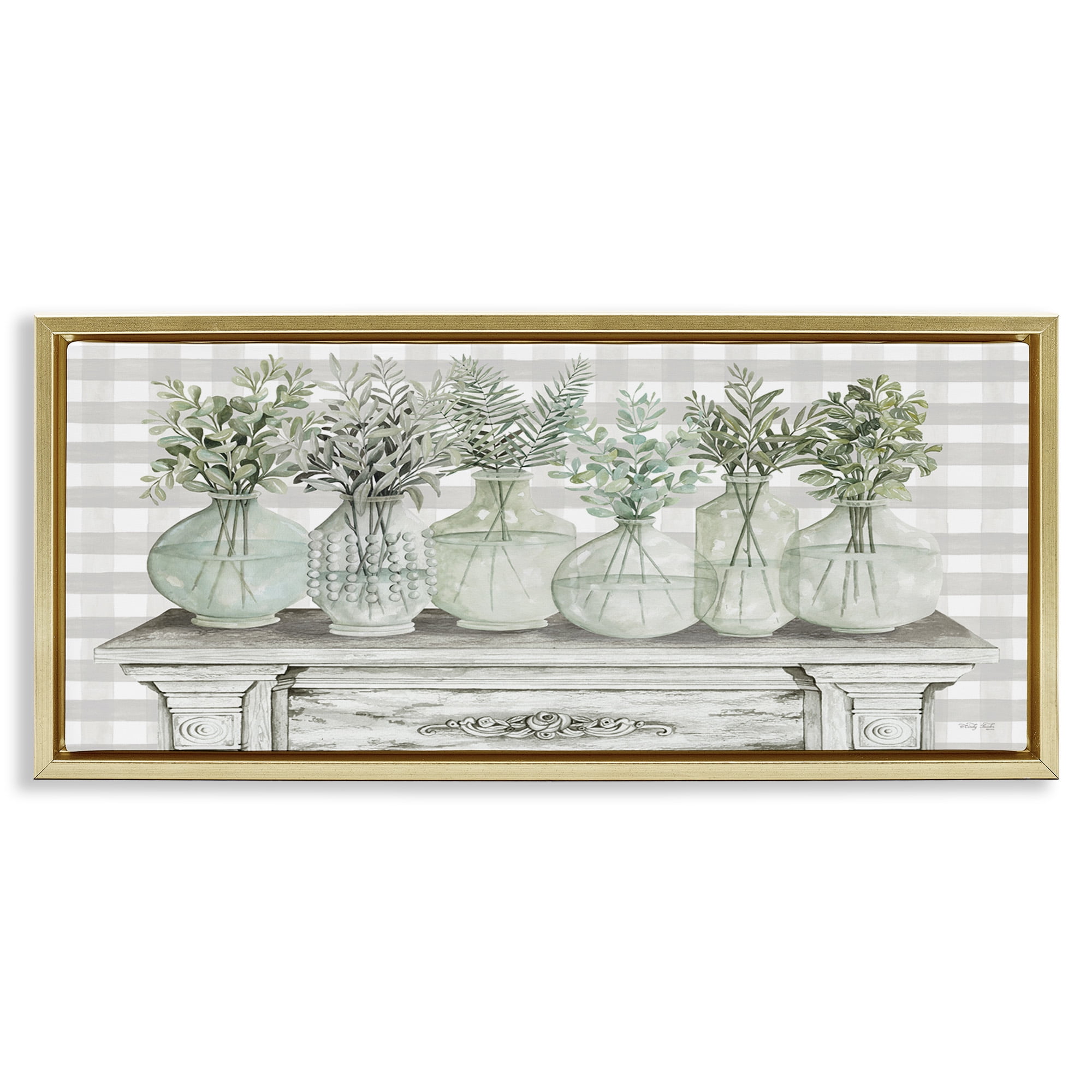Stupell Industries Country Herb Jars on Gingham Botanical & Floral Painting Gold Floater Framed Canvas Art Print Wall Art, 31 x 14