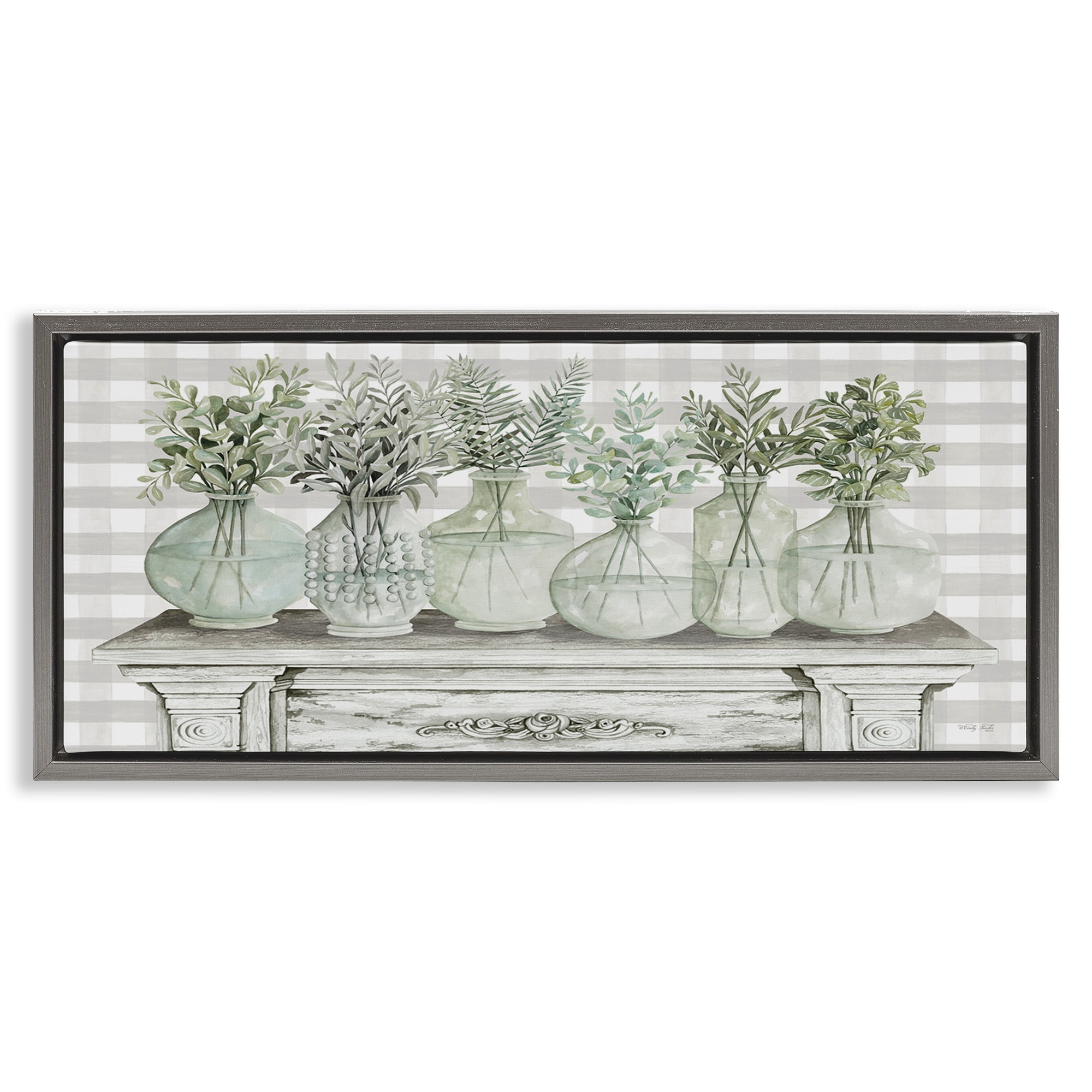 Stupell Industries Country Herb Jars on Gingham Botanical & Floral Painting Gray Floater Framed Canvas Art Print Wall Art, 31 x 14