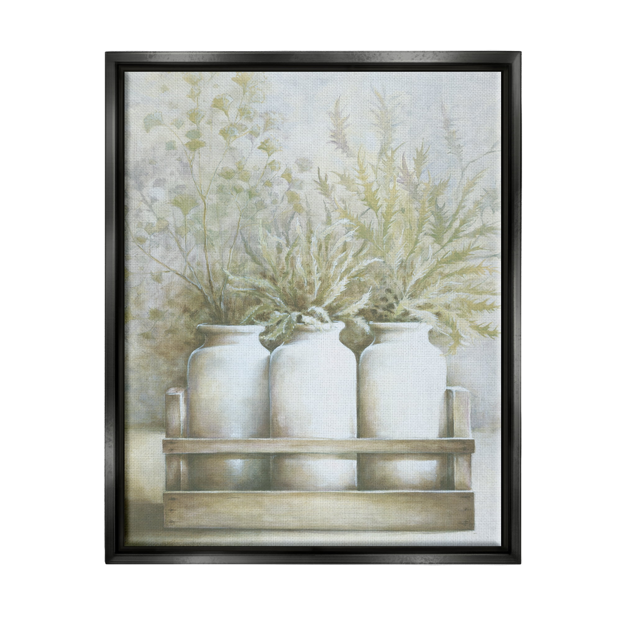 Stupell Industries Country Herbal Blooms Varied Plants Milk Jugs Painting Jet Black Floating Framed Canvas Print Wall Art, Design by White Ladder