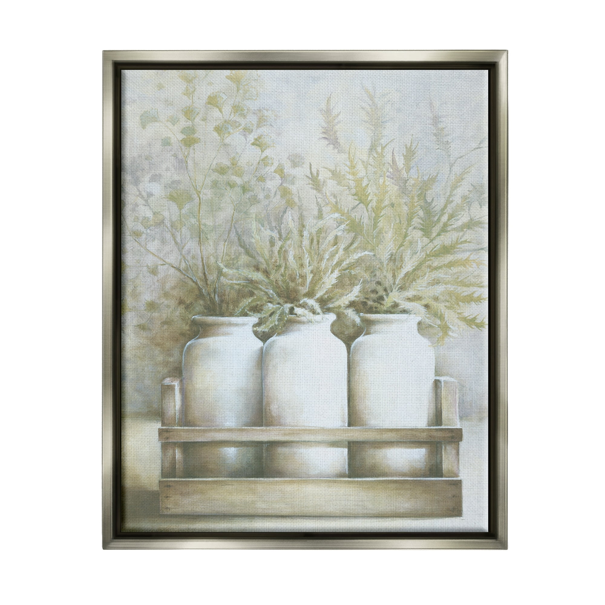 Stupell Industries Country Herbal Blooms Varied Plants Milk Jugs Painting Luster Gray Floating Framed Canvas Print Wall Art, Design by White Ladder