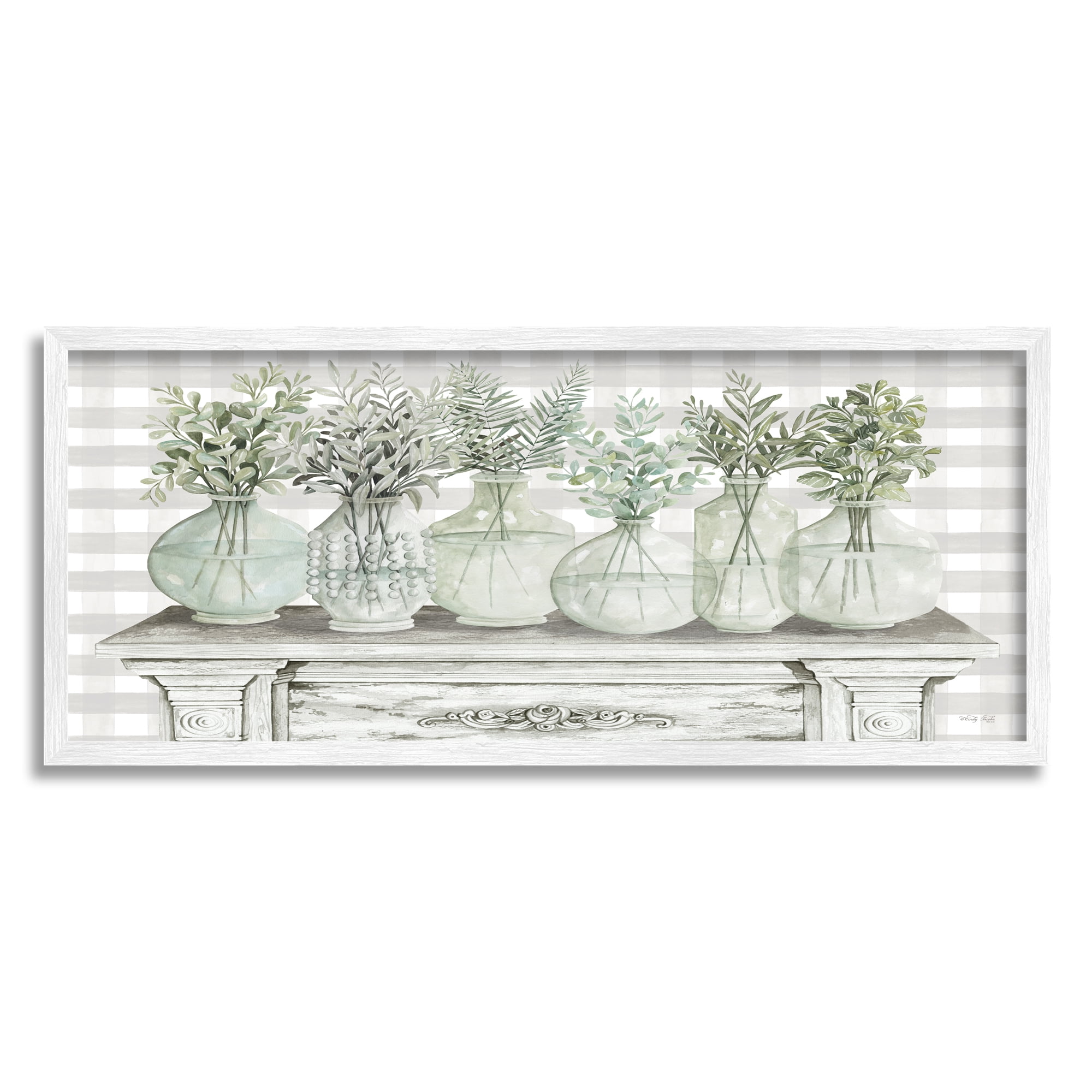 Stupell Industries Country Home Plants Herbs Jars Rustic Tartan Illustration Graphic Art White Framed Art Print Wall Art, 30x13, by Cindy Jacobs