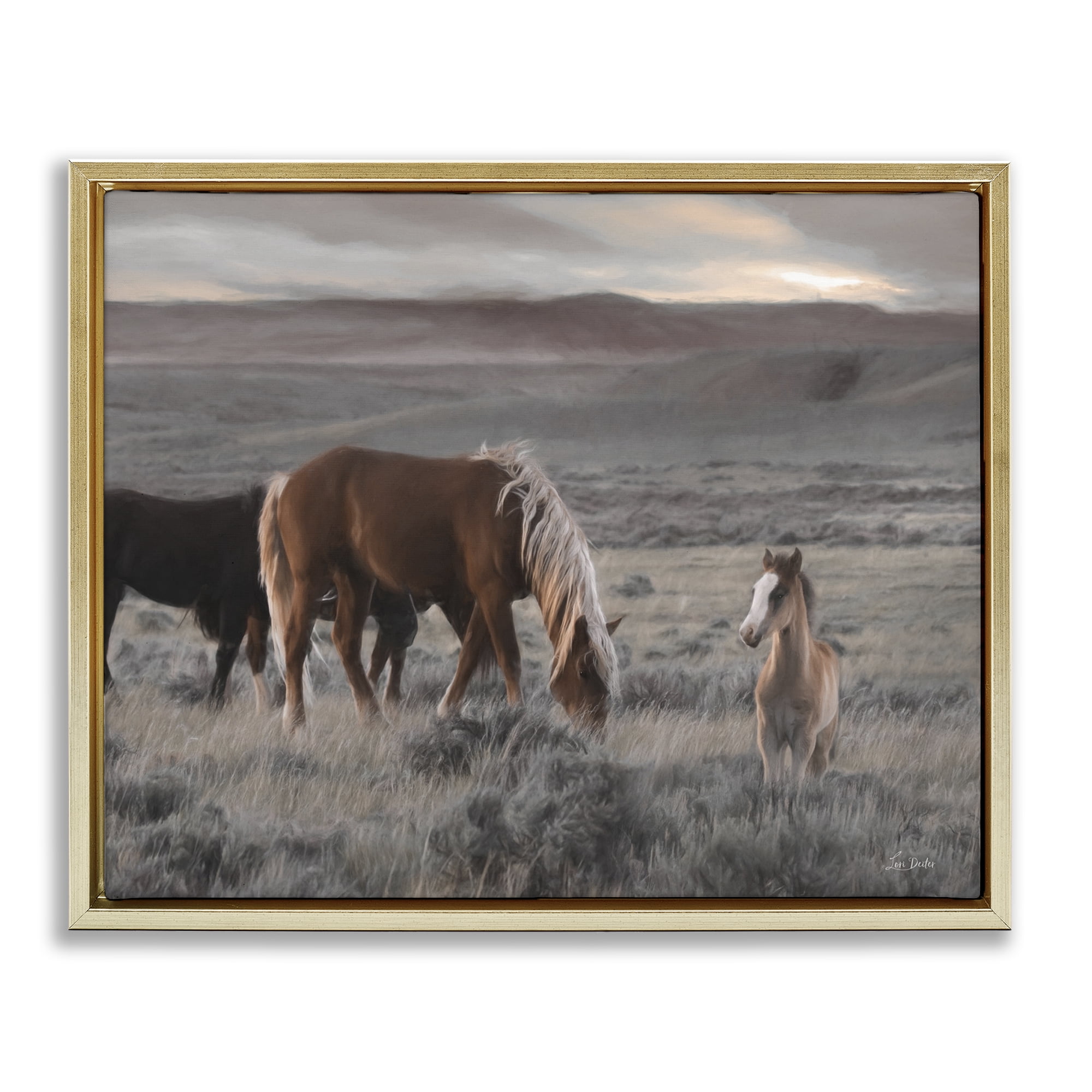 Stupell Industries Country Horses in Valley Animals Photography Gold Floater Framed Canvas Art Print Wall Art, 21 x 17