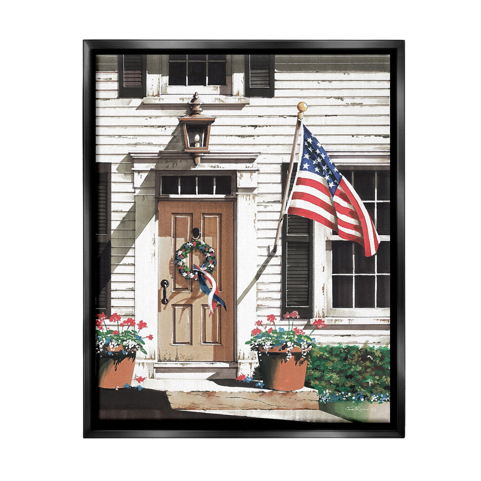 Stupell Industries Country House with Flag Travel & Places Painting Black Floater Framed Canvas Art Print Wall Art, 17 x 21