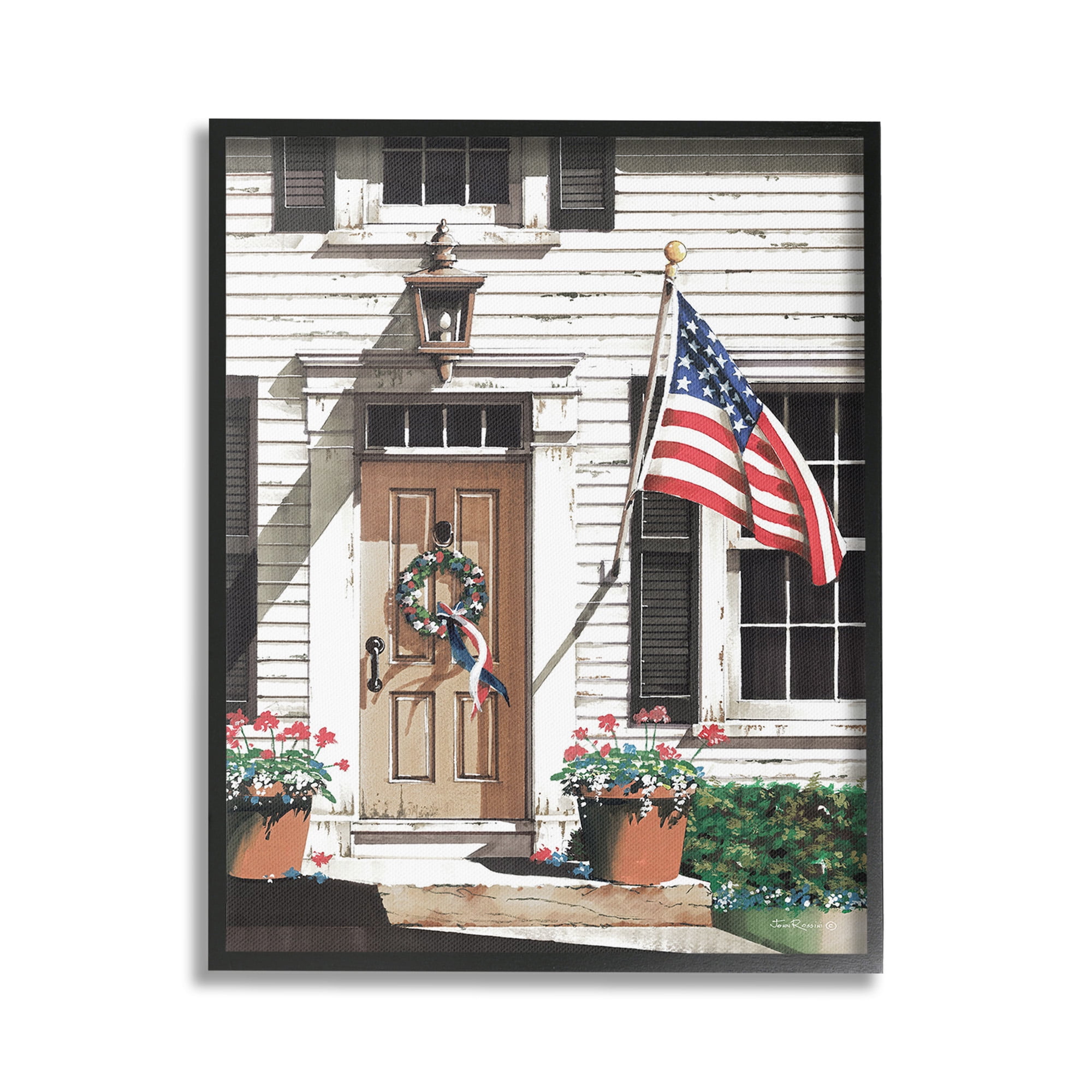 Stupell Industries Country House with Flag Travel & Places Painting Black Framed Art Print Wall Art, 16 x 20
