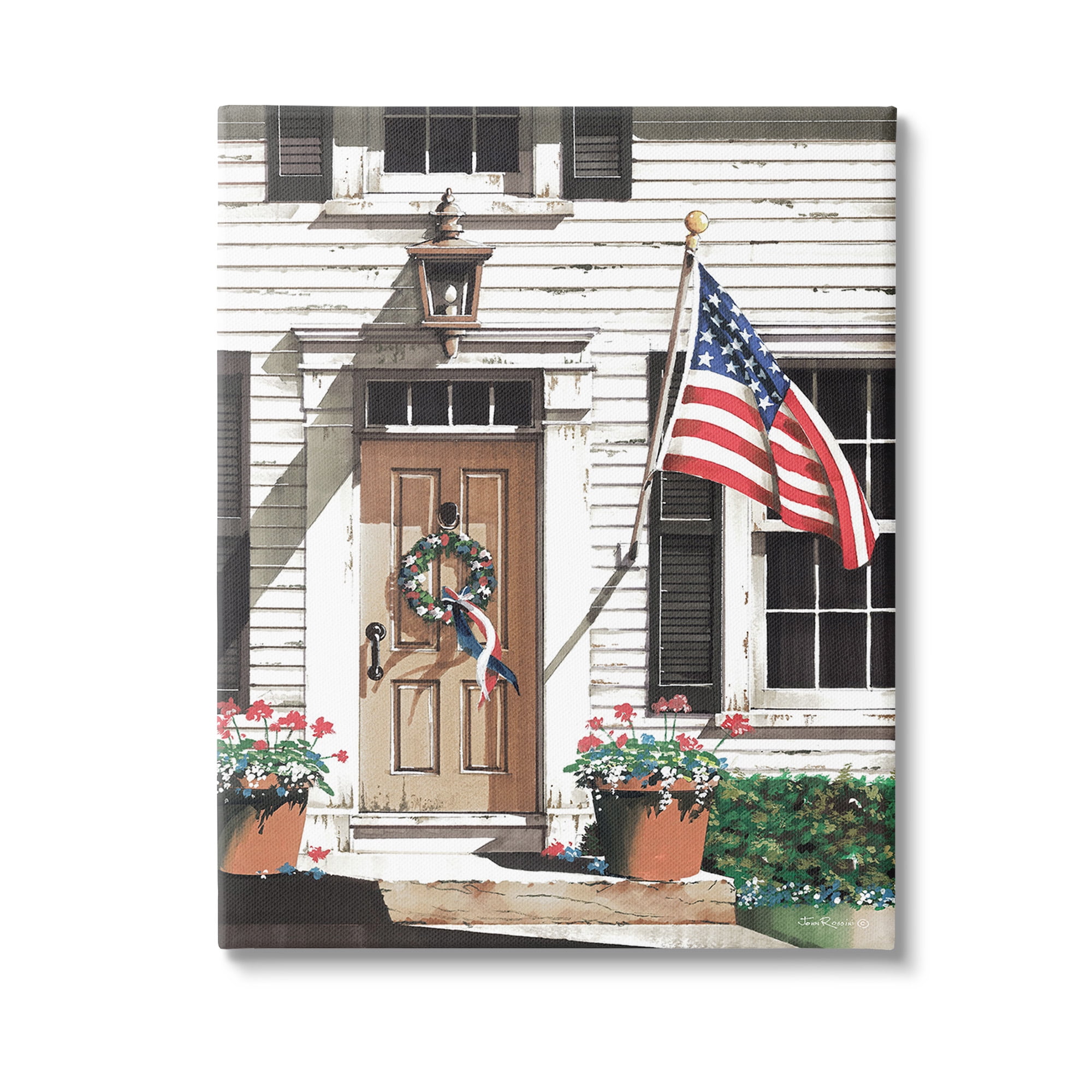 Stupell Industries Country House with Flag Travel & Places Painting Gallery Wrapped Canvas Art Print Wall Art, 24 x 30