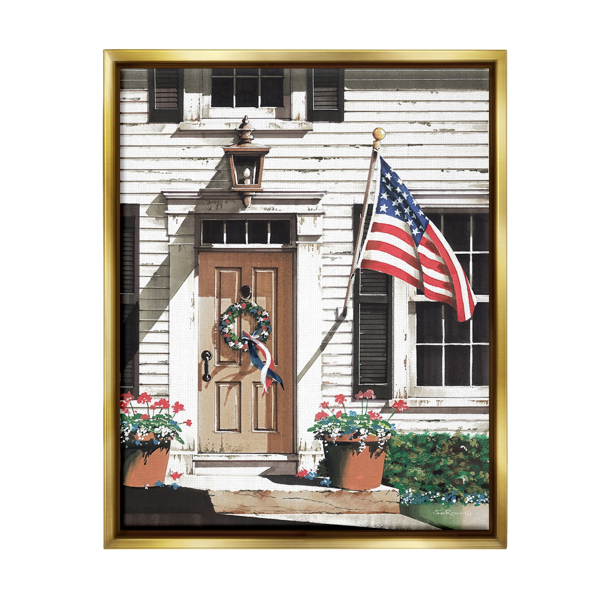 Stupell Industries Country House with Flag Travel & Places Painting Gold Floater Framed Canvas Art Print Wall Art, 17 x 21