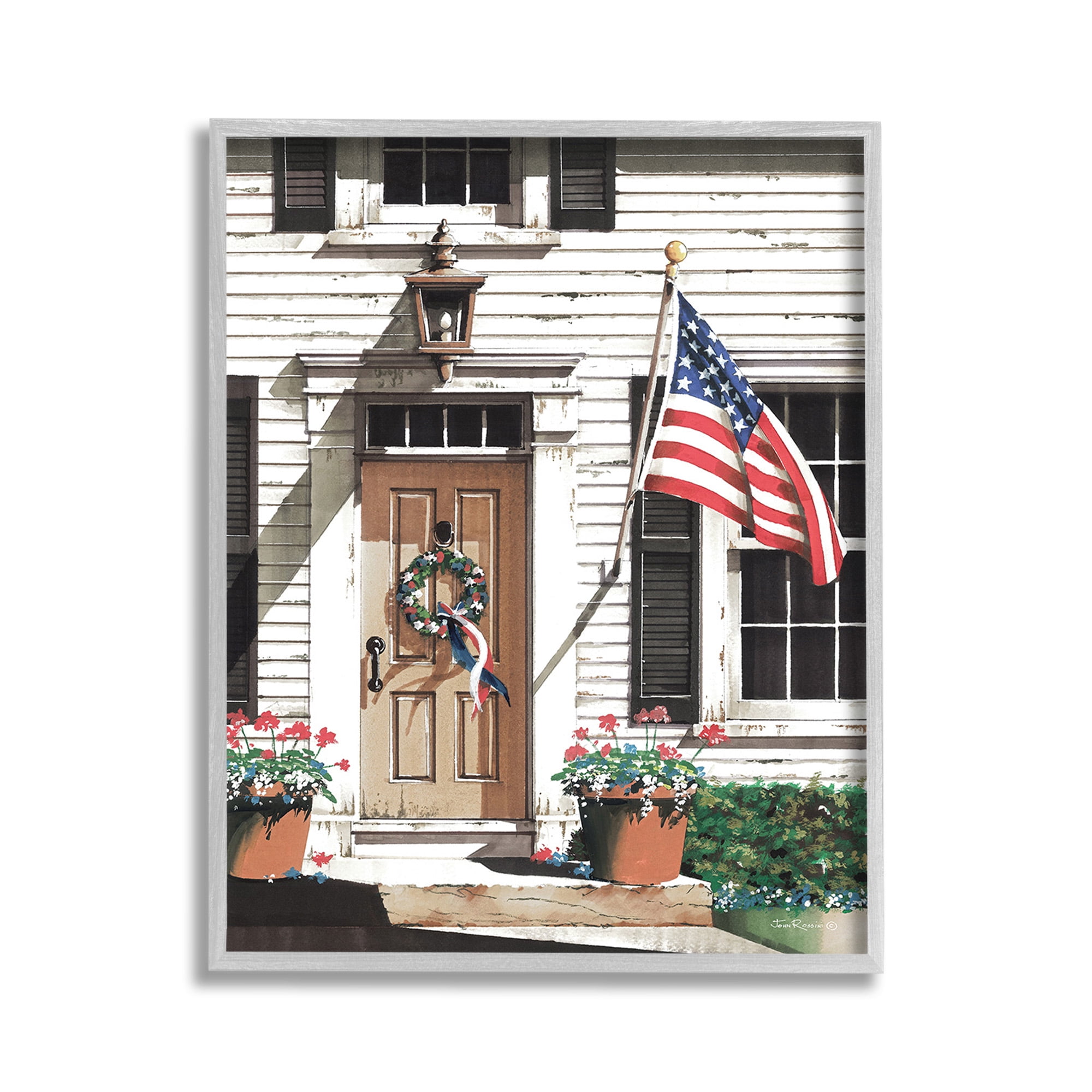 Stupell Industries Country House with Flag Travel & Places Painting Gray Framed Art Print Wall Art, 11 x 14